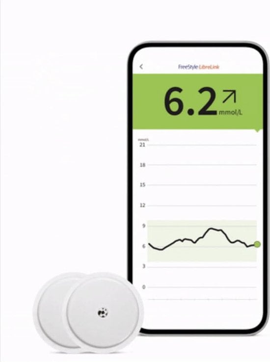 Freestyle Libre 2 sensor applicatie op arm", "Freestyle Libre 2 sensor verpakking", "Freestyle Libre 2 app interface glucose waarden