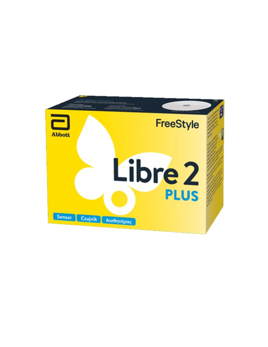 "FreeStyle Libre 2 Plus sensor applicatie op arm", "FreeStyle Libre 2 Plus app interface glucose waarden", "FreeStyle Libre 2 Plus sensor verpakking en inhoud", "FreeStyle Libre 2 Plus glucose monitoring dashboard"