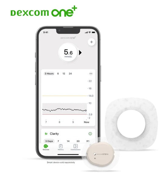 "Dexcom One Plus sensor op arm", "Dexcom One Plus verpakking"