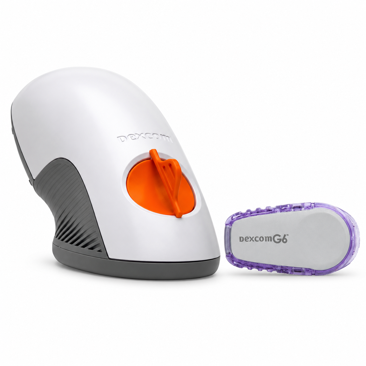 Dexcom G6 sensor met witte applicator en paarse zender
