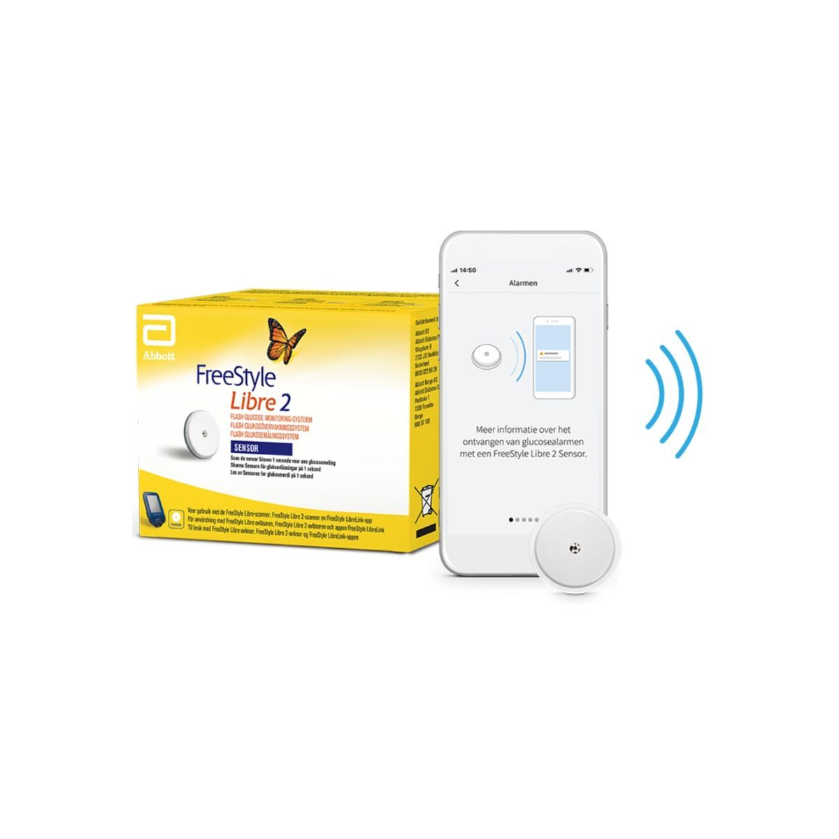 Freestyle Libre 2 sensor applicatie op arm", "Freestyle Libre 2 sensor verpakking", "Freestyle Libre 2 app interface glucose waarden