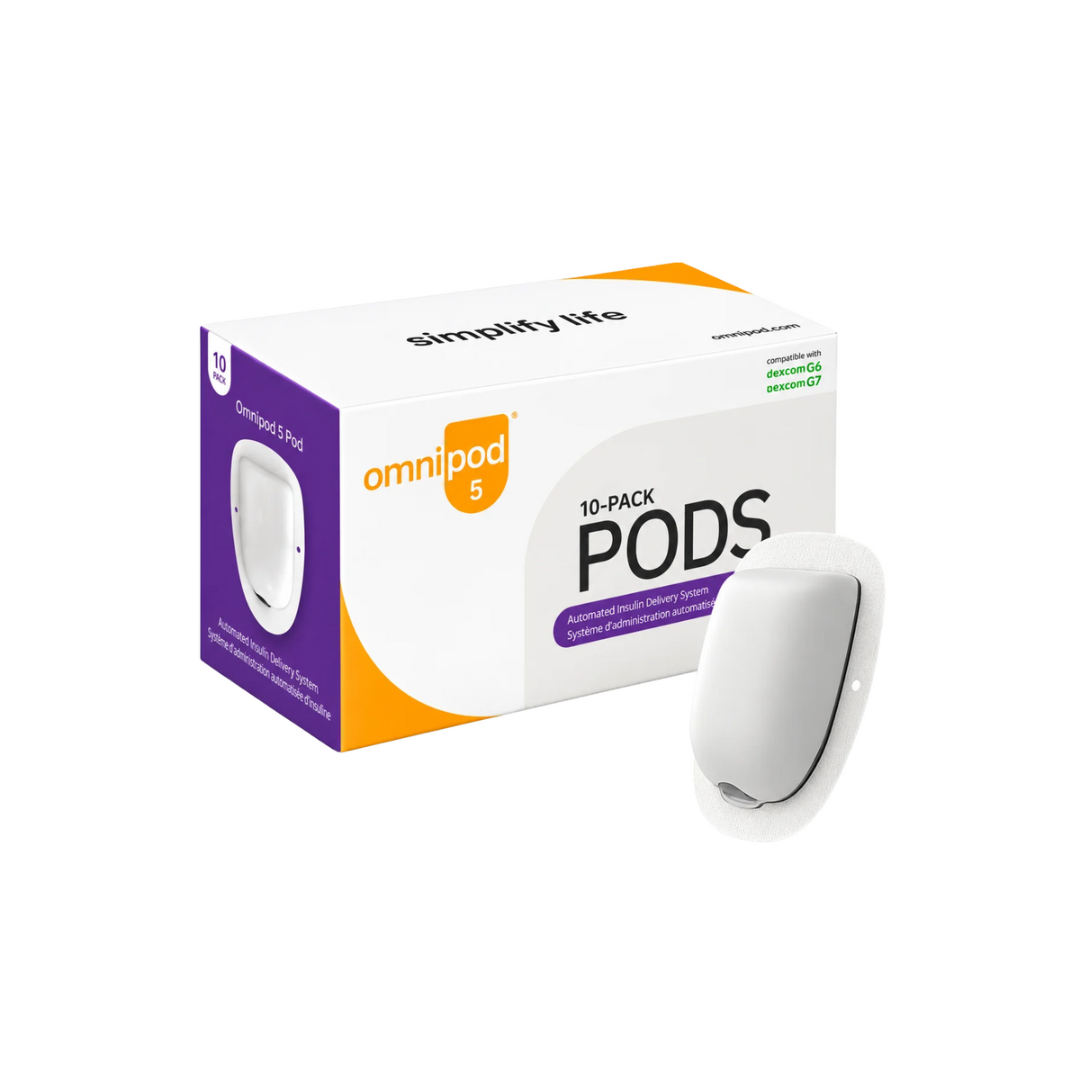 Omnipod 5 verpakking met witte draadloze insulinepod