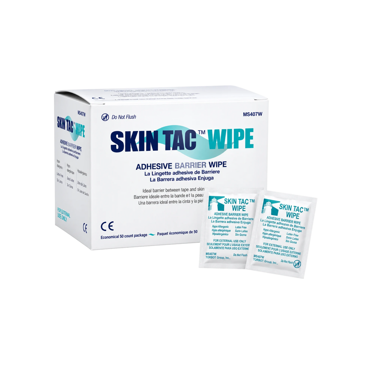 Skin Tac Adhesive Wipes (50 stuks) voor extra kleefkracht verpakking met inhoud verpakking voorbeeld wipes